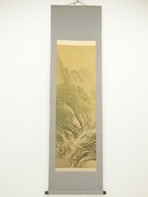雲嶺筆　淡色山水　肉筆絹本掛軸（保護箱）